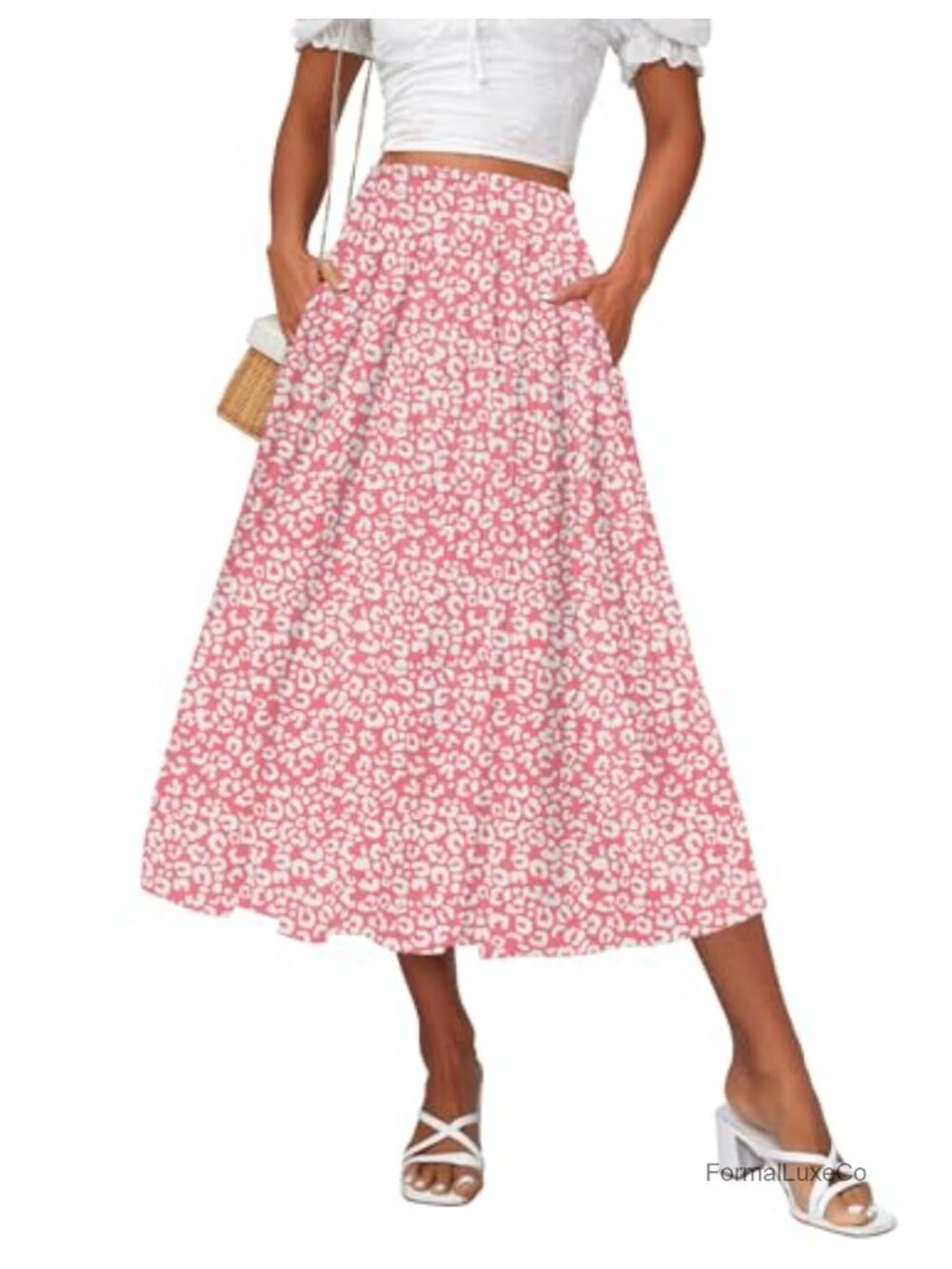 Women's Pleated Midi Skirt High Waisted A-Line Swing Skirt with Pockets
